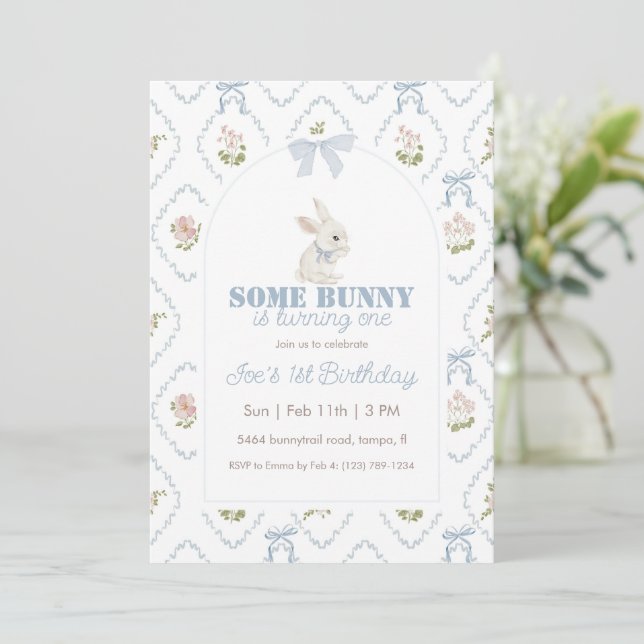 Some Bunny Blue Floral Stripe 1st Birthday Invitation (Standing Front)
