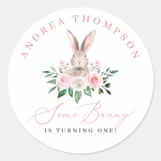 Some Bunny Blush Pink Floral Girls First Birthday Classic Round Sticker (Front)