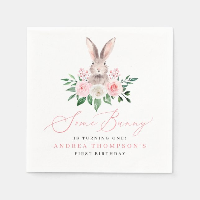 Some Bunny Blush Pink Floral Girls First Birthday Napkin (Front)