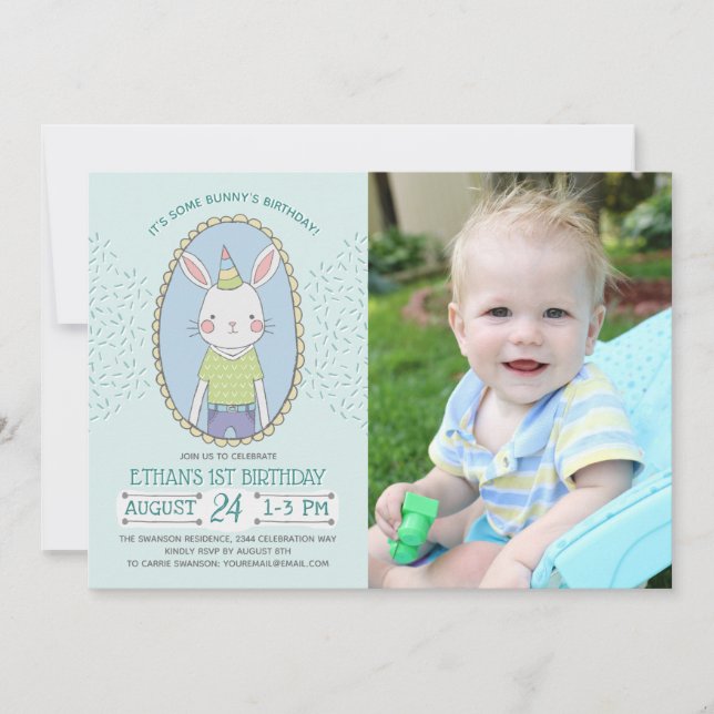 Some Bunny Boys 1st Birthday Photo Invitation (Front)