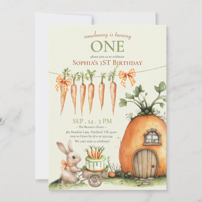 Some Bunny Carrot 1st Birthday Watercolor Invitation (Front)