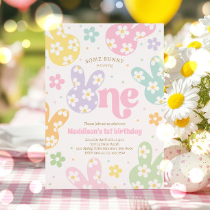 Some Bunny Daisy Floral Pastel Spring 1st Birthday Invitation