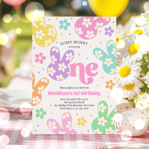 Some Bunny Daisy Floral Pastel Spring 1st Birthday Invitation
