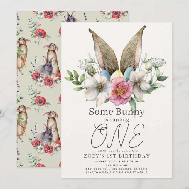 Some Bunny Ear Floral Girl 1st Birthday Invitation (Front/Back)
