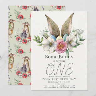 Some Bunny Ear Floral Girl 1st Birthday Invitation