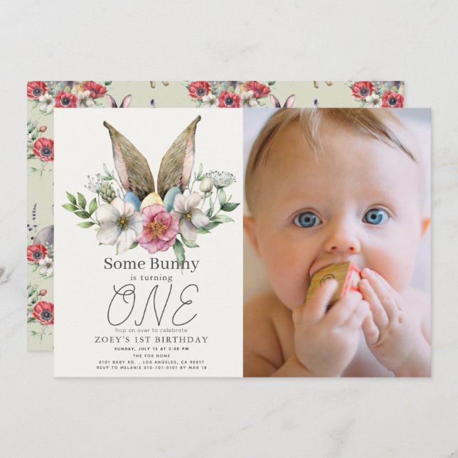 Some Bunny Ear Floral Girl 1st Birthday Photo Invitation (Front/Back)