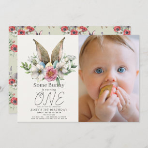 Some Bunny Ear Floral Girl 1st Birthday Photo Invitation