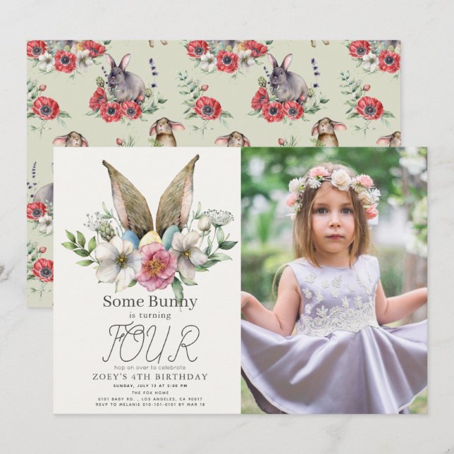 Some Bunny Ear Floral Girl Birthday Photo Invitation (Front/Back)