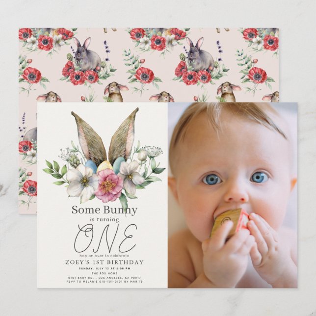 Some Bunny Ear Floral Girl Pink 1st Birthday Photo Invitation (Front/Back)