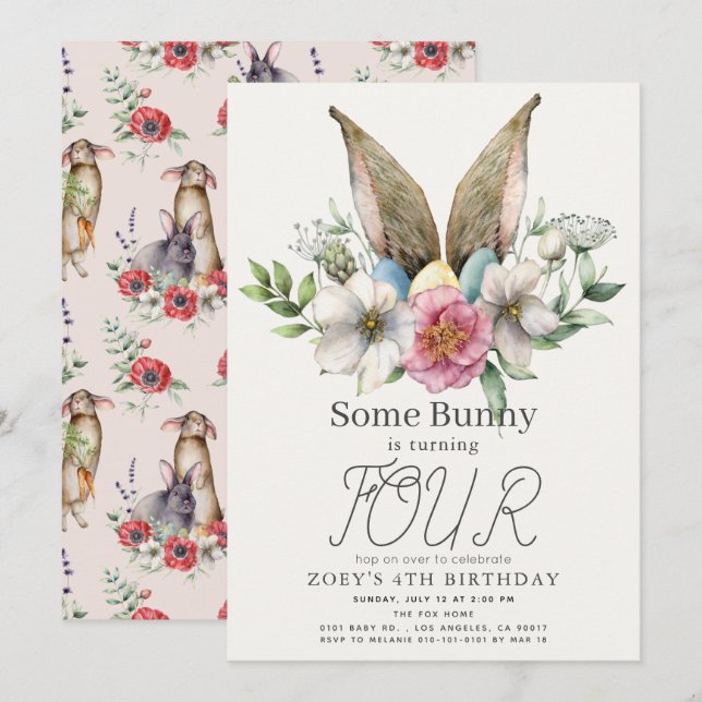 Some Bunny Ear Floral Pink Girl Birthday Invitation (Front/Back)