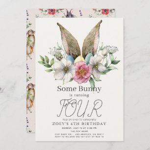 Some Bunny Ear Floral Pink Girl Birthday Invitation