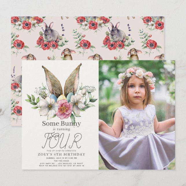 Some Bunny Ear Floral Pink Girl Birthday Photo Invitation (Front/Back)