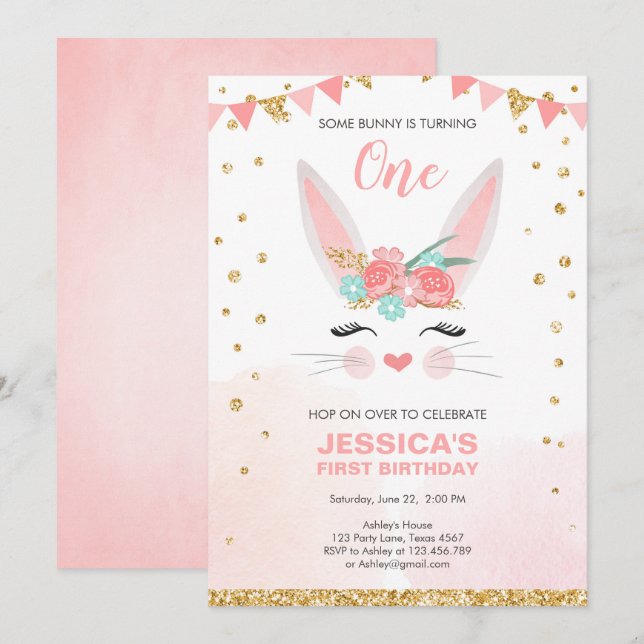 Some Bunny Easter Floral Pink Girl Birthday Invitation (Front/Back)