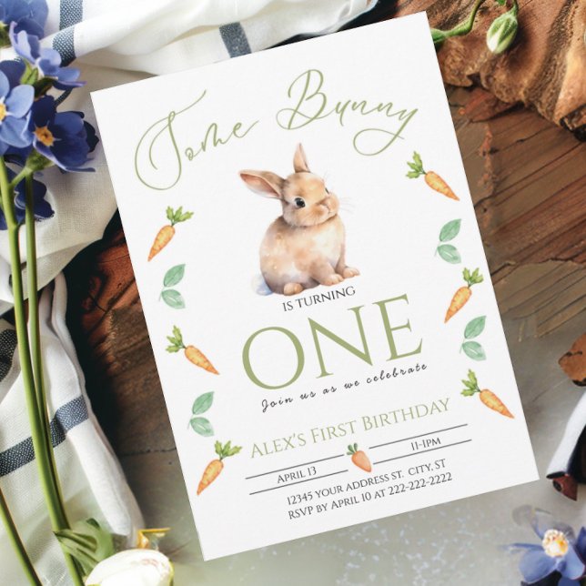 Some Bunny First birthday Carrots Customisable Invitation (Some Bunny Carrot Border with bunny 1st First Birthday invitation)