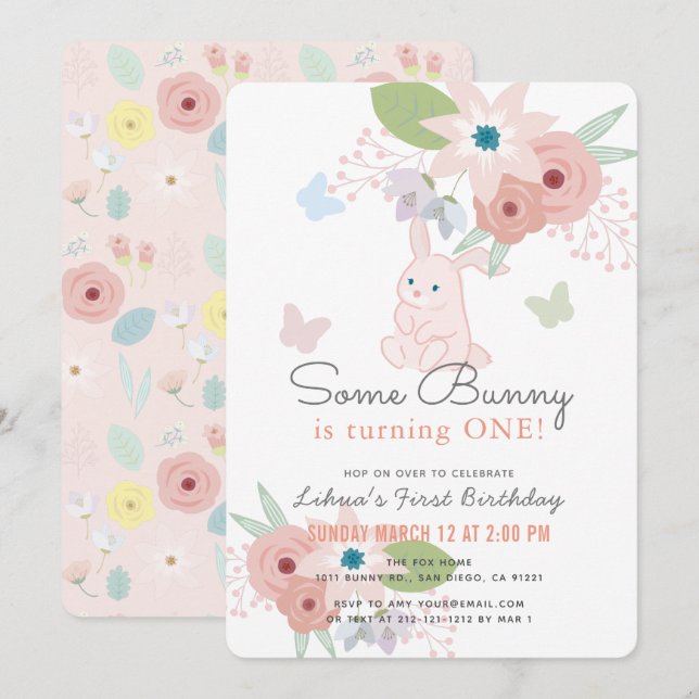Some Bunny Floral Butterfly Pink 1st Birthday Invitation (Front/Back)