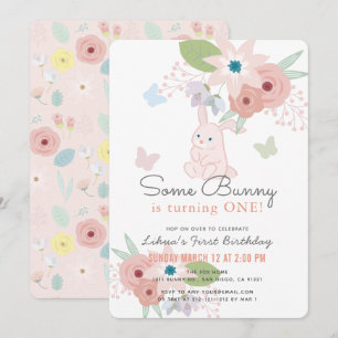 Some Bunny Floral Butterfly Pink 1st Birthday Invitation