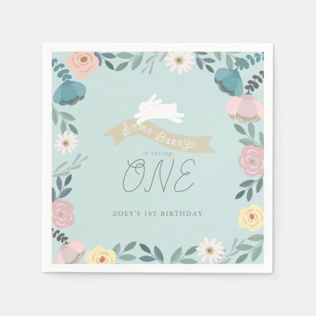 Some Bunny Floral Garden 1st Birthday Blue Napkin (Front)