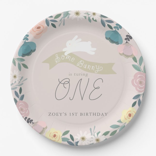 Some Bunny Floral Garden 1st Birthday Pink Paper Plate (Front)