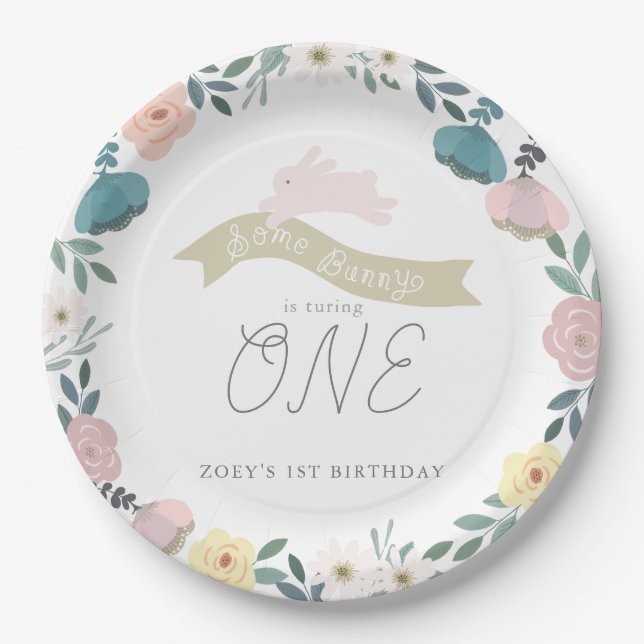 Some Bunny Floral Garden 1st Birthday White Paper Plate (Front)