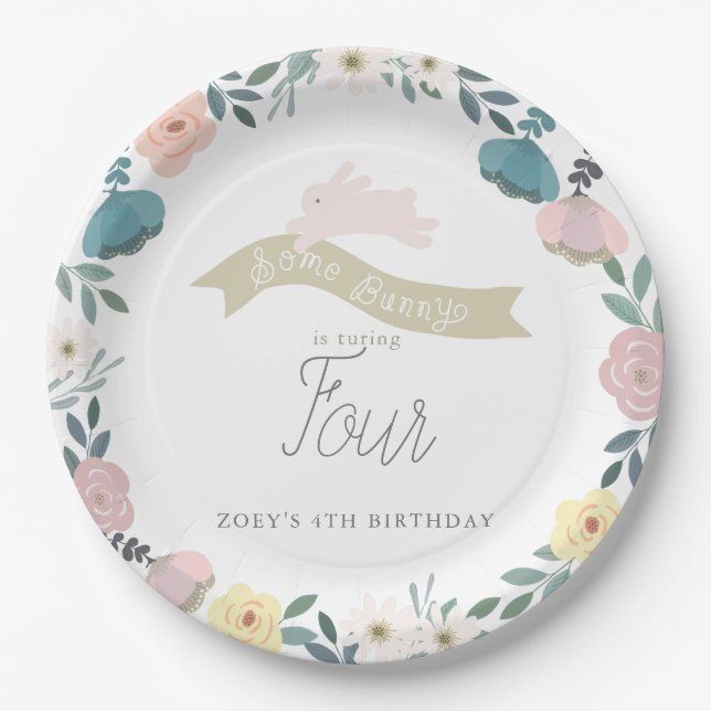 Some Bunny Floral Garden Girl Birthday White Paper Plate (Front)