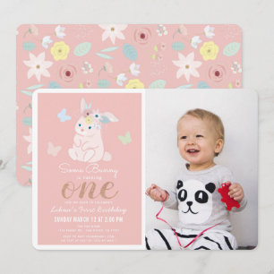 Some Bunny Floral Pink Girl 1st Photo Birthday Invitation