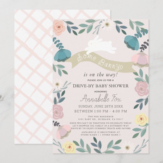 Some Bunny Floral Pink Girl Drive-by Baby Shower Invitation (Front/Back)