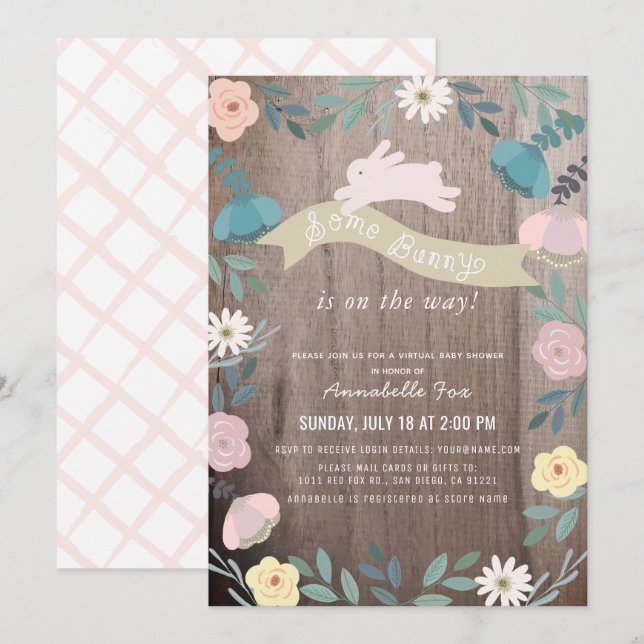 Some Bunny Floral Wood Girl Virtual Baby Shower Invitation (Front/Back)