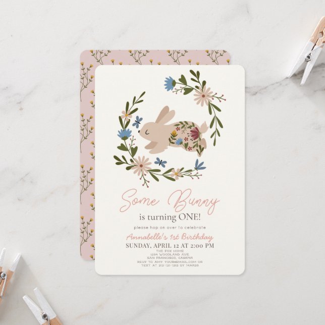Some Bunny Floral Wreath 1st Birthday Invitation (Front/Back In Situ)