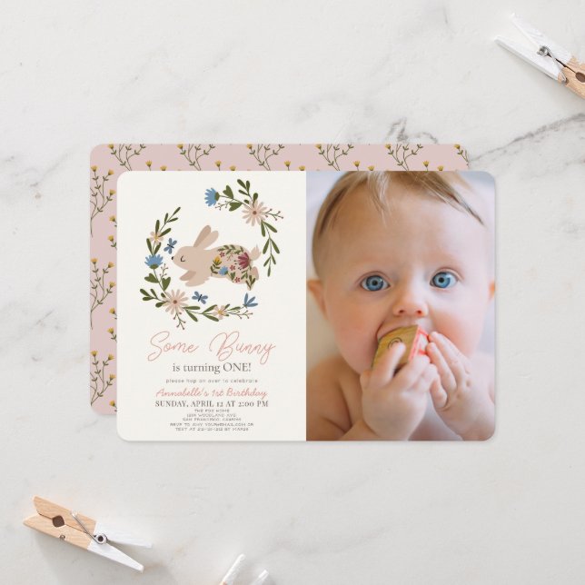 Some Bunny Floral Wreath 1st Birthday Photo Invitation (Front/Back In Situ)