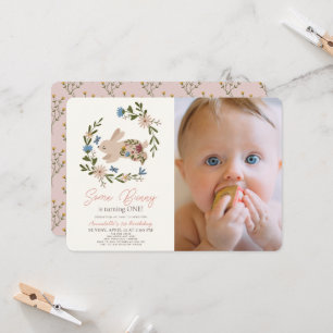 Some Bunny Floral Wreath 1st Birthday Photo Invitation