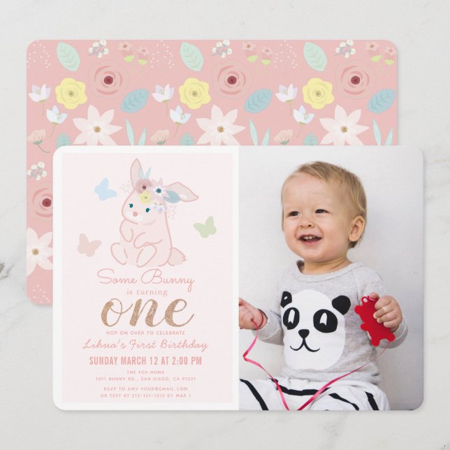 Some Bunny Flower Crown Girl 1st Photo Birthday Invitation (Front/Back)