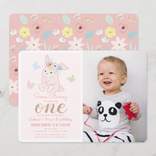 Some Bunny Flower Crown Girl 1st Photo Birthday Invitation