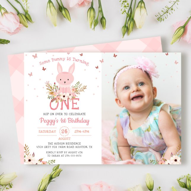 Some Bunny Girl 1st Birthday Butterfly Photo Invitation (Creator Uploaded)
