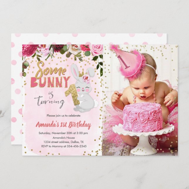 Some Bunny Girl 1st Birthday Invitation With Photo (Front/Back)