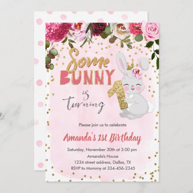Some Bunny Girl 1st Birthday Invitation With Photo (Front/Back)