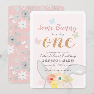 Some Bunny Girl Pink Grey Floral 1st Birthday Invitation