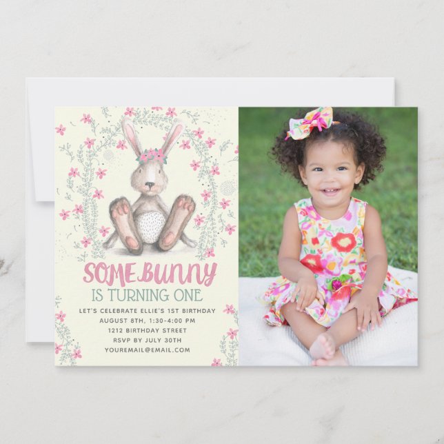 Some Bunny Girls First Birthday Photo Invitation (Front)