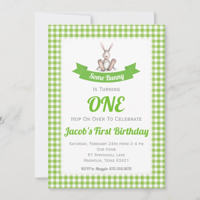 Some Bunny Green Gingham Birthday Invitation (Front)