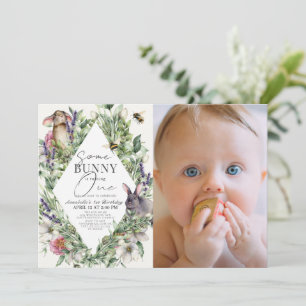 Some Bunny Greenery Rhombus 1st Birthday Photo Invitation