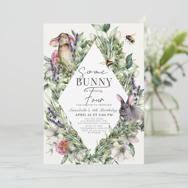 Some Bunny Greenery Rhombus Kids Birthday Invitation (Standing Front)