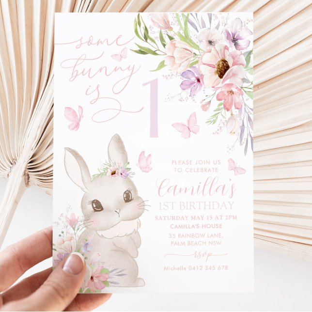 Some Bunny Is 1 Girl 1st Birthday Floral Butterfly Invitation (Creator Uploaded)