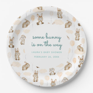 Some Bunny Is On The Way Blue Baby Shower Paper Plate