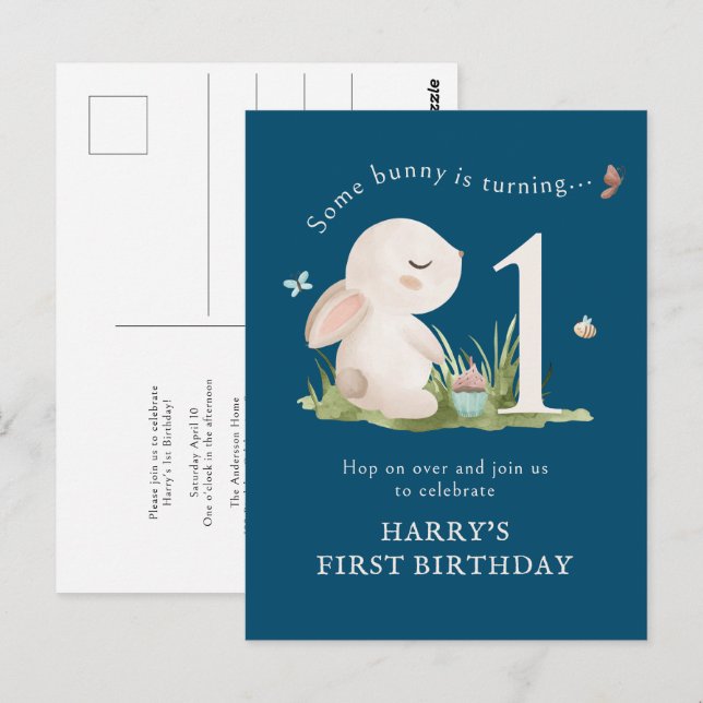 Some Bunny is One Blue 1st Birthday Invitation Postcard (Front/Back)