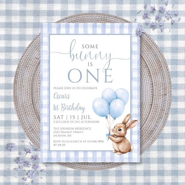 Some Bunny Is One Blue Balloons 1st Birthday Party Invitation (Some Bunny Is One Blue Balloons 1st Birthday Party Invitation)