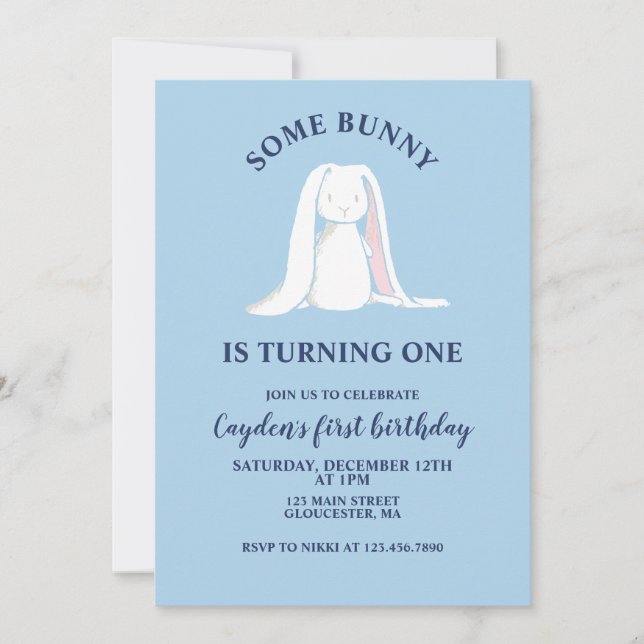 Some Bunny is One blue First Birthday Invitation (Front)