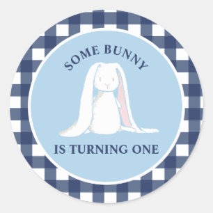 Some Bunny is One blue Gingham Birthday Classic Round Sticker