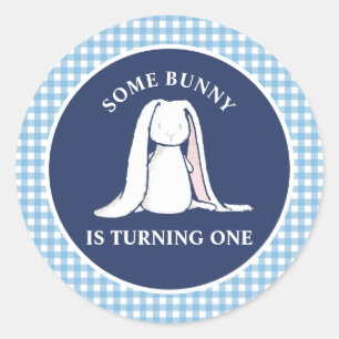 Some Bunny is One blue Gingham Birthday Classic Round Sticker