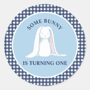 Some Bunny is One blue Gingham Birthday Classic Round Sticker