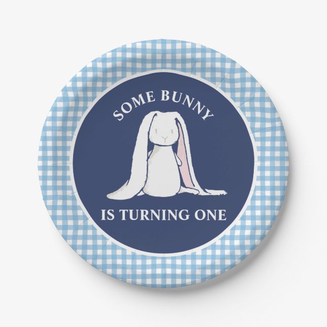 Some Bunny is One blue Gingham Birthday Paper Plate (Front)