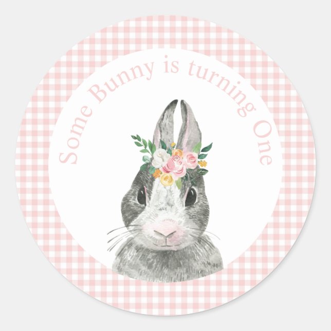 Some Bunny is One Bunny Pink Gingham Birthday Classic Round Sticker (Front)